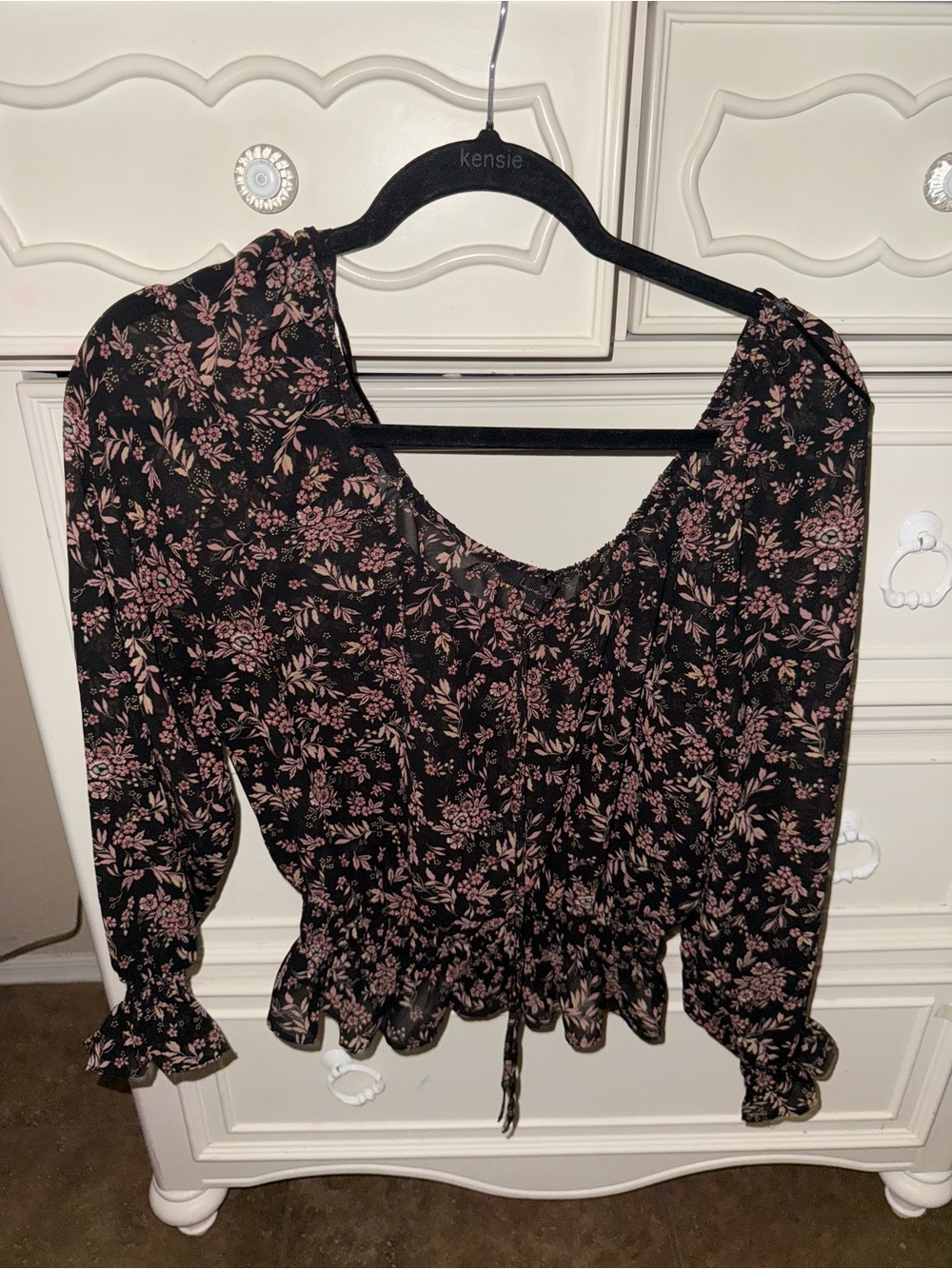 Women's Black Floral Peasant Off the shoulder Top with Pink Print